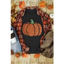 Black Glittering Pumpkin Graphic Halloween T Shirt