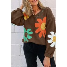 Coffee Big Flower Pattern V Neck Drop Shoulder Sweater