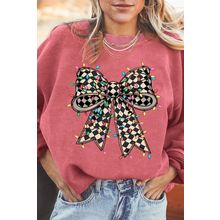 Strawberry Pink Checkered Bow Print Ribbed Crew Neck Pullover Sweatshirt