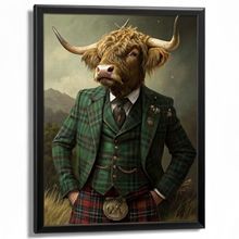 Highland Cow in Plaid Suit Art Print Anthropomorphic Animal Artwork Cow In Kilt