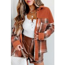 Khaki Colorblock Plaid Pattern Flap Pockets Buttoned Shacket