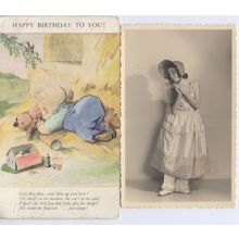 Little Boy Blue With Toy Farm Teddy Box Set 2x Old Postcard