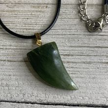 Vintage 70s Jade Sharks Tooth Pendant Necklace Adjustable Black Cord Chain 20"