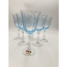 Fostoria Navarre Blue Art Glass Water Goblets Vintage Etched Floral 7.5” Set 6