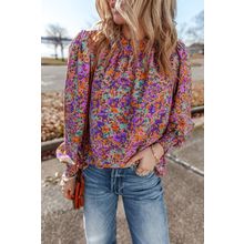Purple Floral Allover Print Shirred Cuff Frilled O Neck Blouse