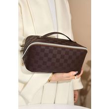 Chestnut Checkered Zipper Handle PU Leather Travel Makeup Bag