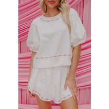White Contrast Bow Trim Pearl Puff Sleeve Blouse and Skort 2pcs Set