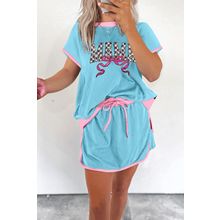 Turquoise MAMA Bow Patched Graphic Contrast Trim Tee and Mini Skirt Set