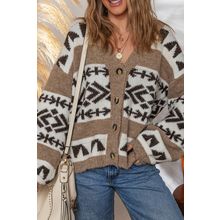Dark Khaki Ethnic Geometric Pattern Button Front V Neck Sweater Cardigan