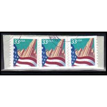 Used 3281 33c U.S. Flag Over City FineStrip of 3 PA4087