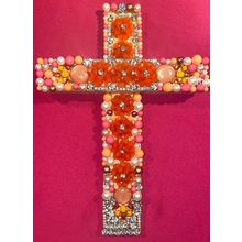 Wood Wall Artisanal Cross with Repurposed Jewelry