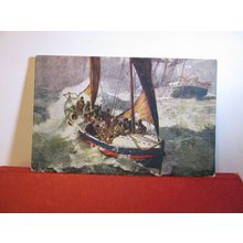 'SAVED', LIFEBOAT painting by B F Gribble. unused antique postcard art RNLI =