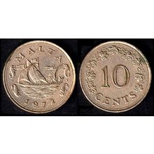 Malta Ten Cents 1972 Barge and Dolphins Used. 10c Coin QE II