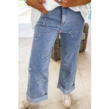 Dusk Blue Foiled Star Patchwork Straight Leg Loose Jeans