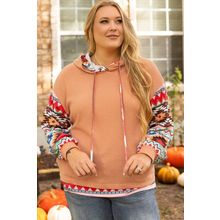 Khaki Aztec Patchwork Waffle Knit Plus Size Hoodie