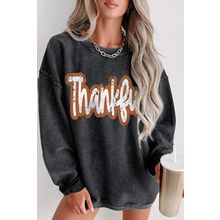 Black Thankful Printed Drop Shoulder Corded Thanksgiving Sweatshirt
