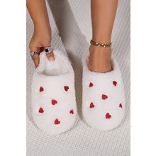 White Heart Shape Embroidered Slip On Plush Slippers