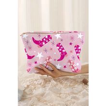 Pink Western Cowboy Boots Star Print Large Makeup Bag