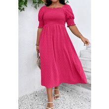 Sachet Pink Swiss Dot Smocked Frilled Neckline Short Sleeve Plus Size Dress