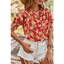 Red Floral Bubble Sleeve Pleated V Neck Wrap Blouse