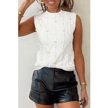 White Pearled High Neck Textured Knit Sweater Vest