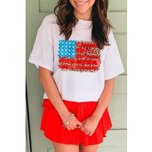 White Leopard Insert American Flag Pattern Cotton Blend T Shirt