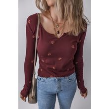 Burgundy Notched Neck Floral Print Ribbed Long Sleeve Top