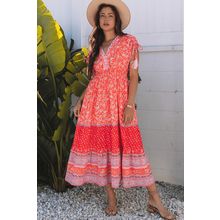 Red Floral Print Tasseled Tied Sleeve Empire Waist Maxi Dress