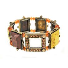 Antique Brass Tone Frame Link Faux Stone Stretchable Bracelet - Mustard & Top...