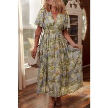 Multicolour Vintage Floral V Neck Short Puff Sleeve Long Dress