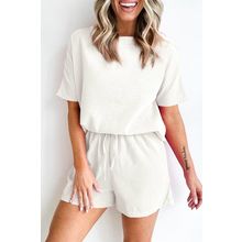 White Casual Textured Tee and Drawstring Shorts Set
