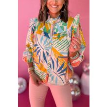 Beige Abstract Smocked Ruffled Lantern Sleeve High Neck Shirt
