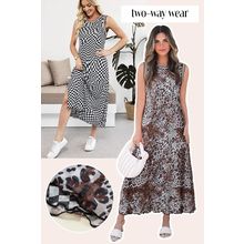 Multicolour Leopard Checkered Double Printed Reversible Sleeveless Long Dress