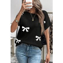 Black Bow Pattern Knit Short Sleeve Sweater