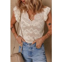 Beige Embroidered Patchwork Hollow Out Knitted Ruffle Sweater Vest