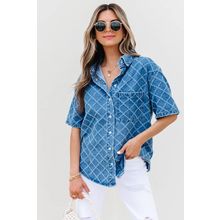 Dusk Blue Checkered Textured Short Sleeve Patched Pocket Denim Shirt