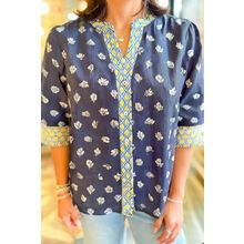 Blue Floral Print Half Sleeve Contrast Trim V Neck Blouse