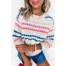 Khaki Stripe Eyelet Patterned Drop Shoulder Sweater