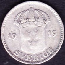 1919 Sweden 25 Ore Silver Coin