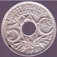 1936 France 5 Centimes Coin