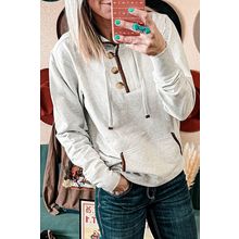 Beige Drawstring Kangaroo Pocket Henley Hoodie