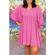 Sachet Pink Plus Size Textured Tie Split Neck Puff Sleeve Flowy Mini Dress