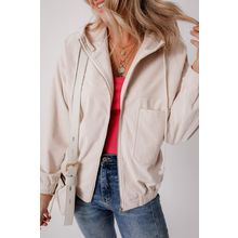 White Corduroy Drawstring Hooded Pocket Zip Up Jacket