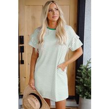 Green Stripe Ruffled Short Sleeve Crew Neck T Shirt Shift Mini Dress