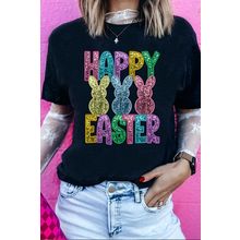 Black Glittering Bunny HAPPY EASTER Graphic T Shirt