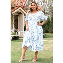 Sky Blue Floral Print Sweetheart Neck Plus Size Midi Dress