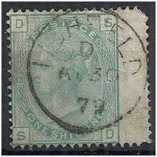 1876 SG150 1/- Green Plate 13 Good Used Wing Margin (Pullede Corner Perf) "SD".