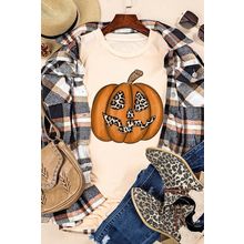 Khaki Halloween Leopard Pumpkin Print T Shirt