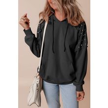 Black Solid Color Rivet Stud Raglan Sleeve Hoodie with Pocket