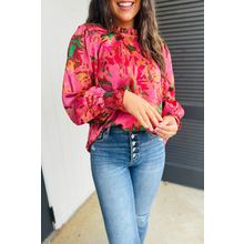 Rose Abstract Print Frilly Neckline Puff Sleeve Blouse